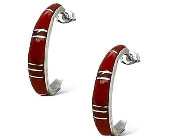 Genuine Red Spiny Oyster Shell Hoop Earrings, 925 Sterling Silver, Authentic Native American Handmade, Jewelry for Women, Drop and Dangle