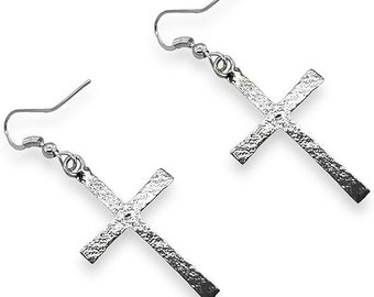 Genuine Sleeping Beauty Turquoise Cross Earrings, Sterling Silver, Authentic Native American Handmade, Hook Jewelry for Women, Drop, Dangle