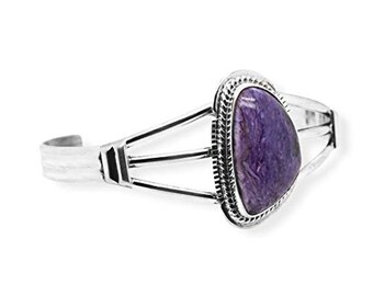Genuine Purple Charoite Cuff Bracelet, Sterling Silver, Native American Handmade, Artist Signed, One of a Kind, Size Women's Medium