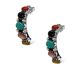 Genuine Multistone Hoop Earrings, Sterling Silver, Authentic Native American Handmade in New Mexico, USA, Jewelry for Women, Drop and Dangle