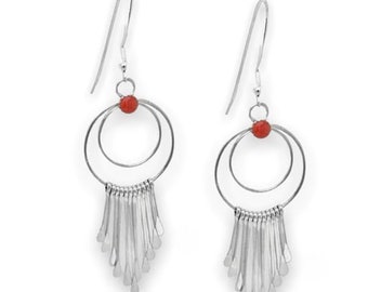 Genuine Red Coral Earrings, 925 Sterling Silver, Native American USA Handmade, Nickel Free, French Hook