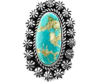 Genuine Turquoise Mountain Turquoise Statement Ring, Size 10, Sterling Silver, Authentic Navajo Native American USA Handmade, Artisan Signed