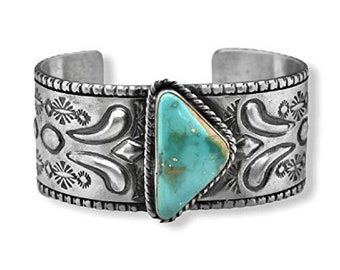 Genuine Cerillos Turquoise Cuff Bracelet, Sterling Silver, Navajo Native American Handmade, Artist Signed, One of a Kind, Size Women's Large