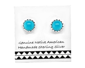 5mm Genuine Sleeping Beauty Turquoise Stud Earrings, Sterling Silver, Native American Handmade, Nickel Free, Blue, Round