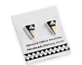 Genuine Pink Shell, Malachite, and Onyx Stud Earrings, 925 Sterling Silver, Authentic Native American USA Handmade