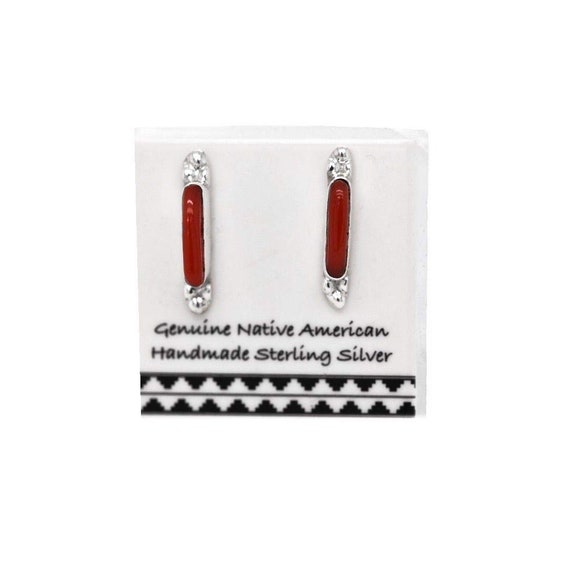 Native American USA Handmade 5mm Red Coral Stud Earrings Nickle Free 925 Solid Sterling Silver