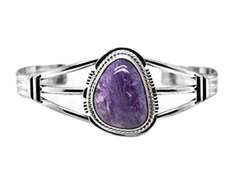 Genuine Purple Charoite Cuff Bracelet, Sterling Silver, Navajo Native American Handmade, Artist Signed, One of a Kind, Size Women's Medium