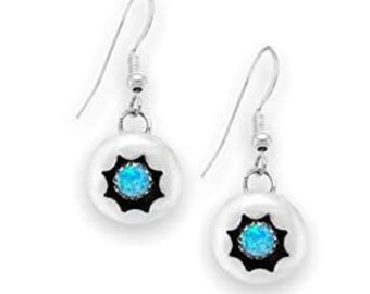 Light Blue Desert Opal Shadowbox Earrings, Sterling Silver, Native American Handmade, French Hook, Nickle Free, Synthetic Opal