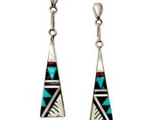 Genuine Turquoise, Onyx and Red Coral Earrings, 925 Sterling Silver, Zuni Native American USA Handmade, Nickel Free, French Hook
