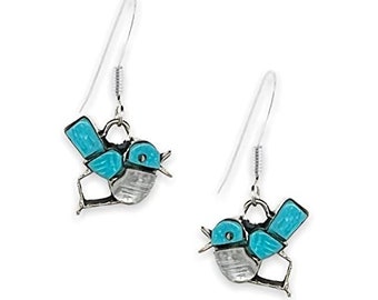 Genuine Sleeping Beauty Turquoise Bluebird Earrings, 925 Sterling Silver, Native American USA Handmade, Nickel Free, French Hook