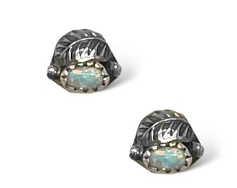 Genuine Desert Opal Earrings, Sterling Silver, Native American Handmade in New Mexico, Post Stud, Small White Jewelry for Women and Girls