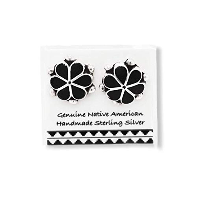 Native American USA Handmade 925 Sterling Silver Southwest Jewelry with Natural Black Stone Genuine Onyx Stud Earrings