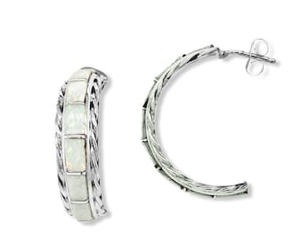 Desert Opal Half  Earrings, Native American USA Handmade, 925 Sterling Silver, White Synthetic Opal, Nickle Free