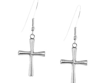 Sterling Silver Cross Earrings, Sterling Silver, Native American USA Handmade, Southwest Cross and Religious Jewelry, French Hook