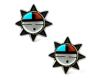 Genuine Stone Zuni Sunface Stud Earrings in 925 Sterling Silver, Turquoise and Coral, Native American USA Handmade, Nickle Free