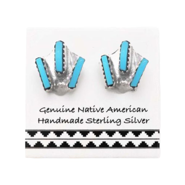 9mm Genuine Sleeping Beauty Turquoise Stud Earrings, Sterling Silver, Needlepoint Design, Authentic Native American Handmade