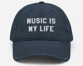 Music is my life distressed baseball cap for men's embroidered funny baseball hat women music gifts for her