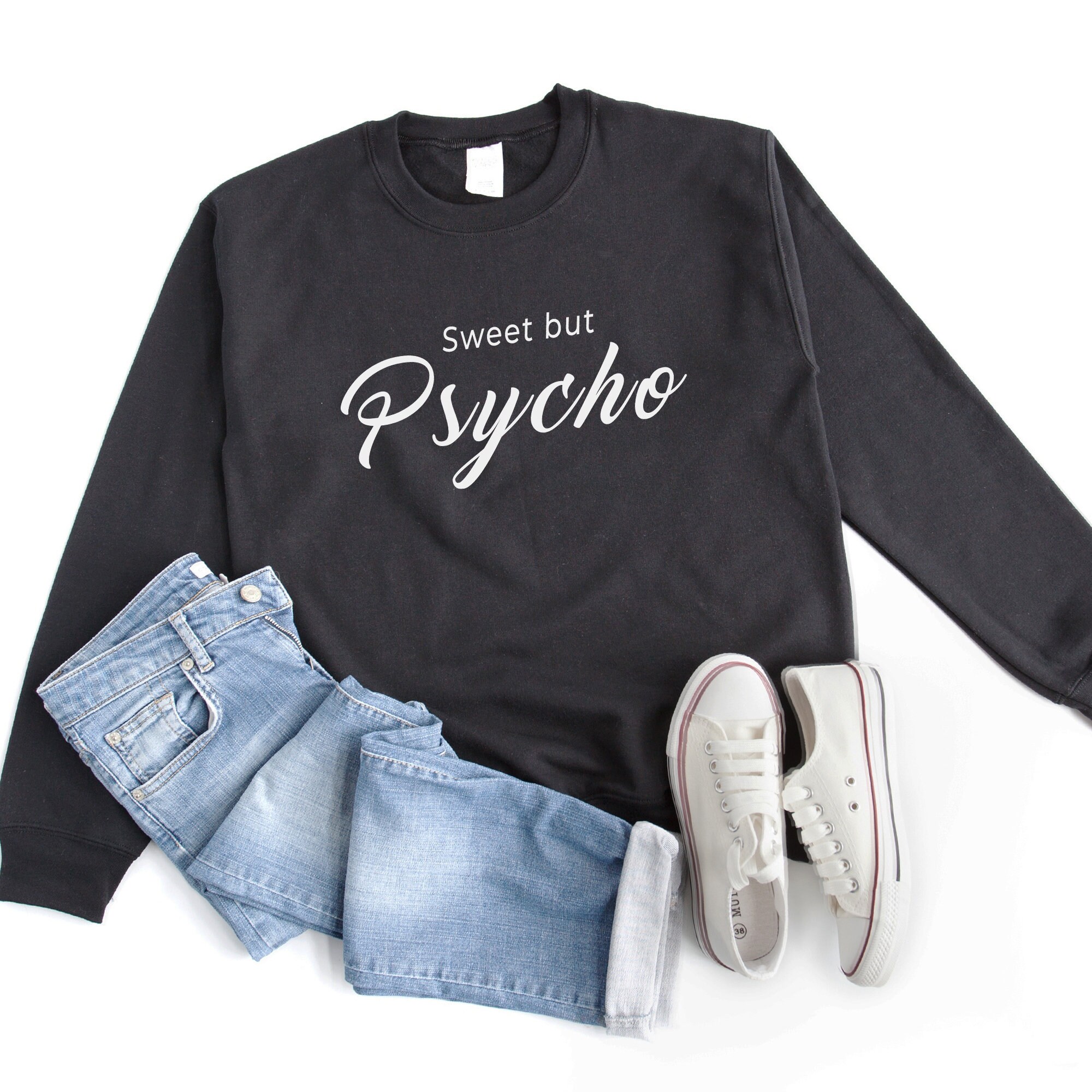 Ladies Women's Sweet But Psycho Slogan Oversize Printed Sweatshirt Sweater Top 