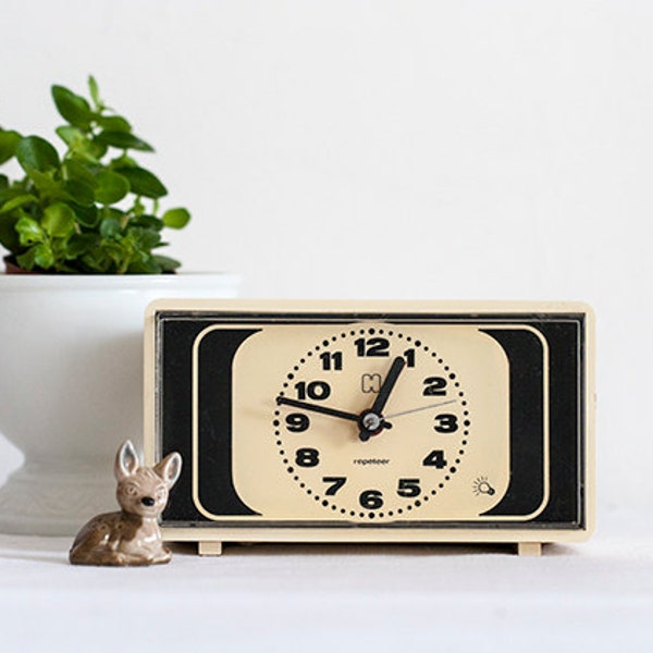 Retro Hema Dutch Clock 70's  Vintage Rectangle Electric Alarm Clock Light Brown / Cream / Off White / Black