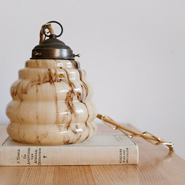 Vintage French Art Deco Hanging Glass Lamp Shade, Pendant Lamp, Ceiling Light, Ceiling Lamp, Cream, Chocolate Brown Swirl, Bee Hive Lamp