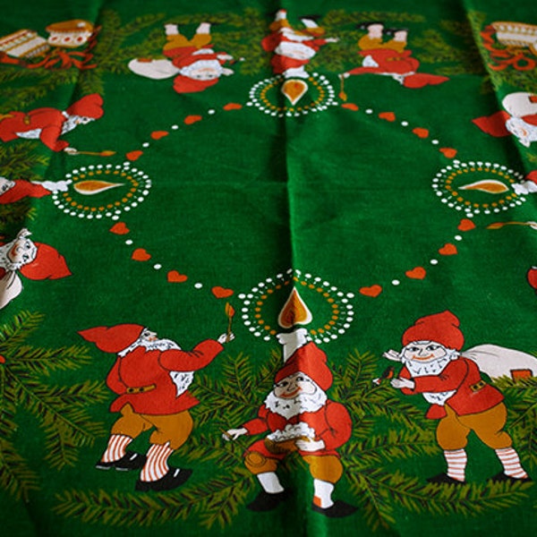 Vintage German Gnomes Christmas Unused Table Clotch, Retro Decor, Square Table Cloth, Christmas Decor, Kitschy, Kawaii, Christmas Bell