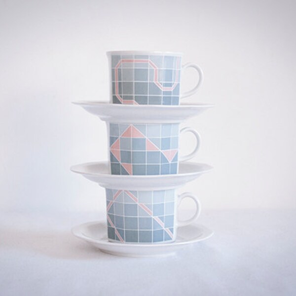Winterling Swarzenbach GermanTeacups & piattini rosa retrò Vintage 70 / blu / grigio / pastello disegno geometrico - 3 set