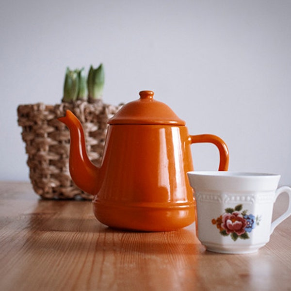 Vintage 50's French Enamel OrangeTeapot, Coffeepot, Rustic Kitchen, Rustic Decor, Tea for Two, Tea Lover Gift, French , Farmhouse Kitchen