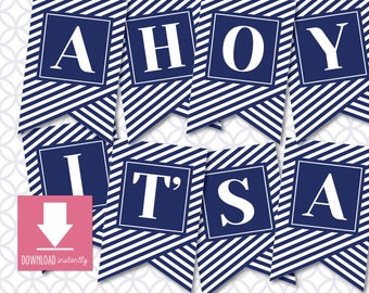Imprimible Ahoy Es un niño NÁUTICO Bandera de rayas azul marino: Descarga instantánea