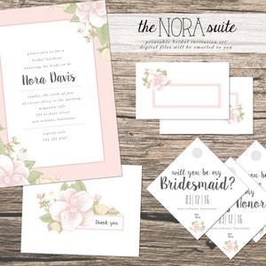 Afdrukbare bruidslunch suite: bloemenuitnodiging, bedankkaarten, placecards en wijnglaslabels