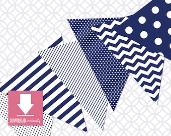 Printable Assorted Pennant Flag Banner: Navy (Instant Digital Download), Assorted Patterns
