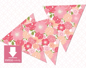 Bannière de drapeau de fanion floral rose imprimable qui comprend des nuances de rose : téléchargement immédiat