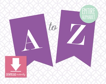 Printable Pennant Banner that includes entire alphabet: Grape Purple Banner with White Letters (Instant Digital Download)