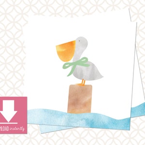 Printable Pelican Sign, 5in X 5in: Instant Download, Louisiana Print, Watercolor Look, Nursery Print, Southern Sign, Baby&#39;s Room, Green Bow