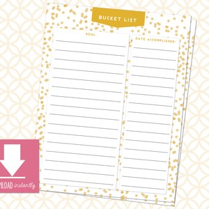 Printable Bucket List, GOLD: Instant Download