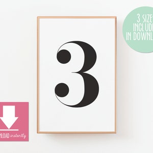Printable Number 3: Instant Download 3 Sizes, 8.5in x 11in, 11in x 17in, and 16in x 20in, Minimalist Art, Number Three Print, Black & White