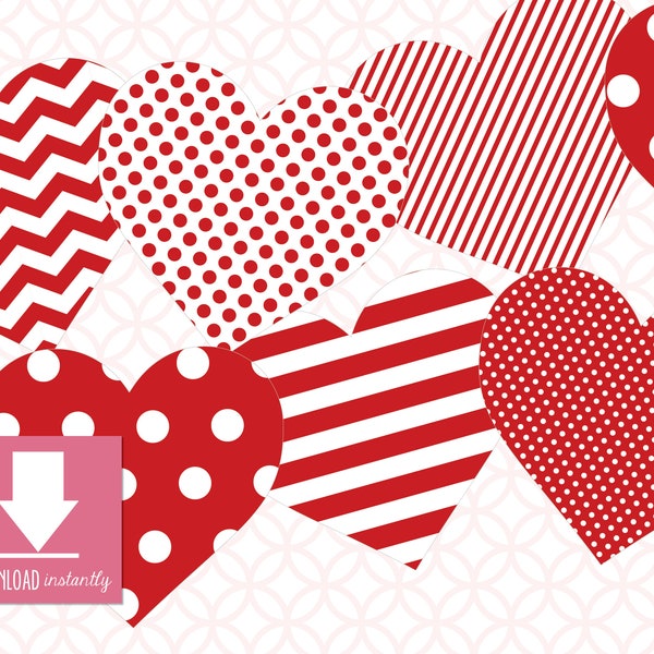 Printable Assorted Pattern Scarlett RED HEART Banner for Valentine's Day: Instant Download, Valentines Day Hearts, Red Hearts