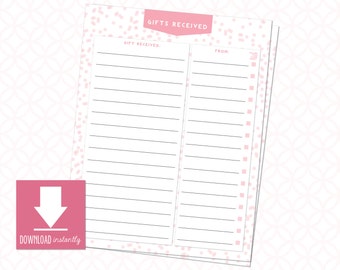 Può includere: Un blocco note rosa e bianco per i regali ricevuti con la scritta "GIFTS RECEIVED" in alto. Il blocco note ha sezioni a righe per registrare i regali e una grafica "DOWNLOAD instantly".