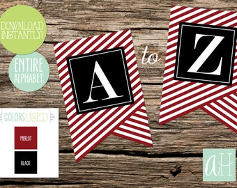 Druckbare Wimpelkette, die das gesamte Alphabet enthält: Merlot Stripes mit schwarzer Box (Instant Digital Download)