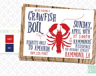 May include: A red and white invitation for a crawfish boil. The invitation features a red crawfish illustration and the text "We're having a Crawfish Boil" in blue. The event is scheduled for Sunday, April 10th at 2:00 PM at the Hammonds' residence, located at 123 Hickory Street in Hammond, LA.