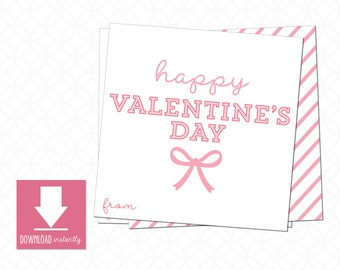 Printable HAPPY VALENTINE'S Day Gift Tags, Pink Valentine's tags with bow: Instant Download, size is 3in X 3in, Valentines Goodies