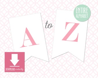 Printable Pennant Banner with entire alphabet, Pink and White Banner, White Banner with Lipgloss, Pink Letters, Instant Digital Download