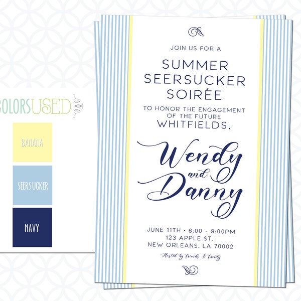 Printable SOUTHERN SOIREE Party Invitations, Couples Shower, Engagement Party, Customizable: Seersucker and Striped Invitation