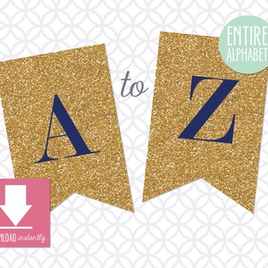 Printable Pennant Banner that includes entire alphabet: Gold Glitter Banner with Navy Letters (Instant Digital Download)