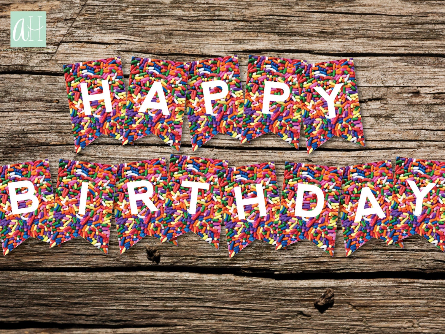 Happy Birthday with sprinkles in primary colors printed in 7/8