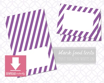 May include: Printable blank food tent cards with a purple and white striped design. The text "blank food tents that you can write on!" is included in the image.