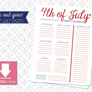 Printable Fourth of July Menu Planner - Instant Download