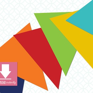 May include: Abstract digital art print featuring a series of overlapping triangles in shades of blue, green, yellow, orange, and red. The triangles are arranged in a staggered pattern, creating a dynamic and modern design. The background is a white pattern of repeating geometric shapes. The text "DOWNLOAD instantly" is in a pink rectangle at the bottom left corner of the image.