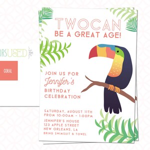 Printable TROPICAL Birthday Party Invitation, TWOCAN be a Great Age, 5in X 7in, Tropical Theme Birthday Invite, Toucan, Second Birthday