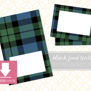 Afdrukbare blauwe en groene tartan geruite voedseltafel tentkaarten Plaatskaarten: direct downloaden, 2 maten, kerst- en vakantiebuffetkaarten