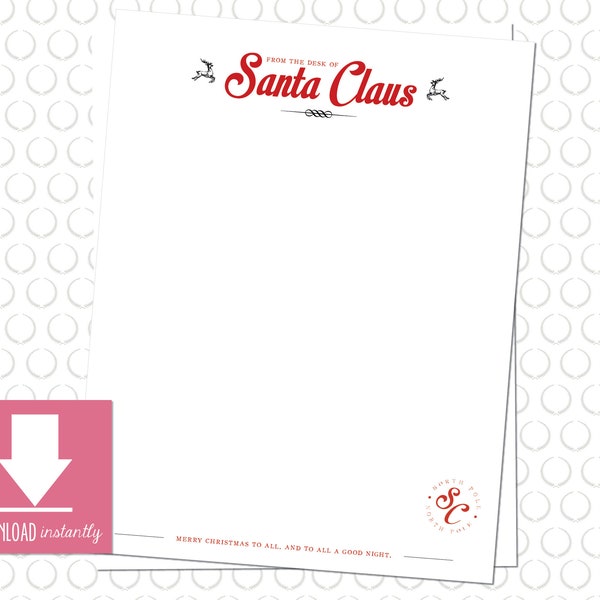 Printable From the Desk of Santa Letterhead, Instant Printable Digital Download, Letter from Santa Claus as a Jpg, Pdf and Editable Word Doc